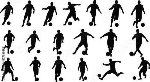 Silhouettes of football players kicking and controlling the ball in action