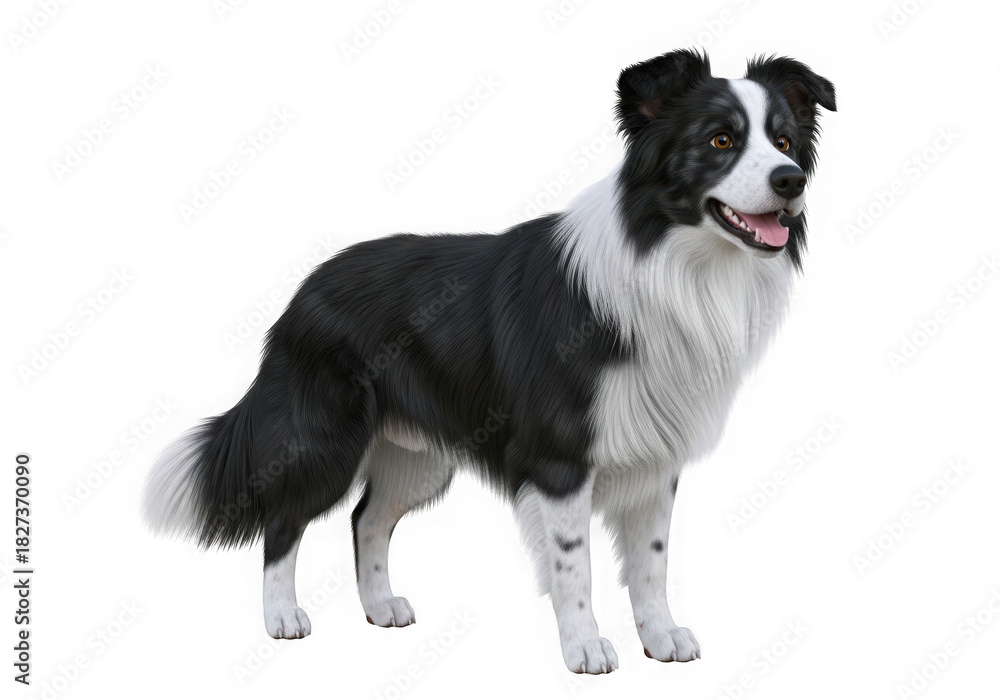 Fototapeta premium Black and white border collie dog standing, alert, isolated on black background isolated on transparent background