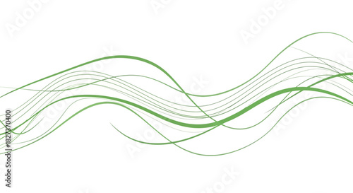 Abstract Green and Grey Wavy Lines Flowing Across White Background.