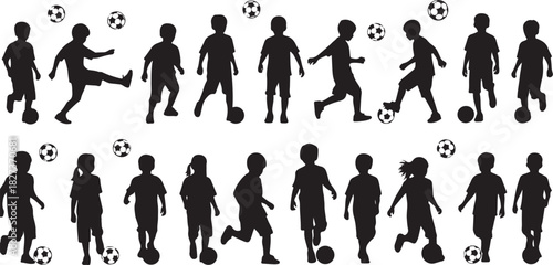 Silhouette of children playing soccer with soccer balls in various positions