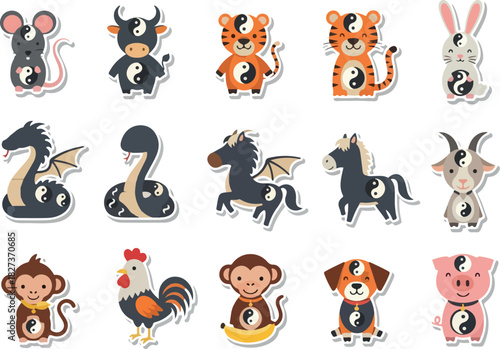 Cute Yin Yang Zodiac Animals Vector Sticker Collection