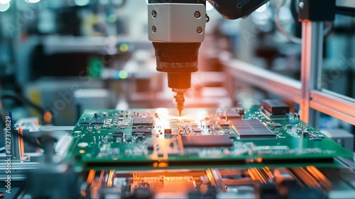Robot arm assembling circuit board in a factory during automated manufacturing process