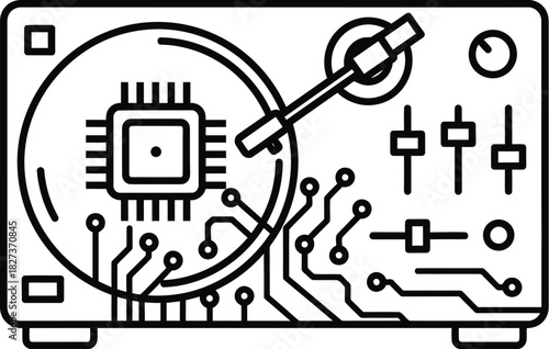 A modern technological turntable featuring an integrated circuit board and microchip, symbolizing the fusion of music and digital innovation