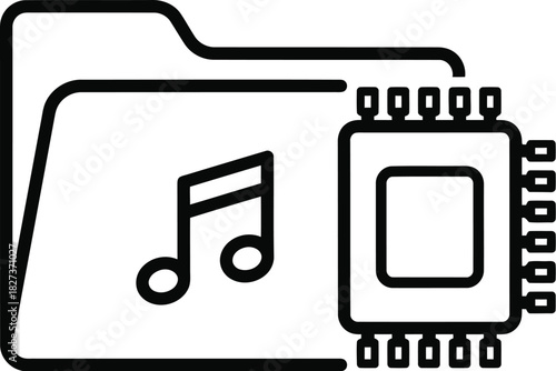 Outline icon depicting a folder containing a musical note and a computer chip, symbolizing digital audio, sound processing, data storage, and music technology