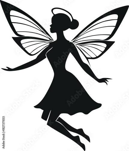 Elegant silhouette of a magical fairy with intricate butterfly wings and a halo, gracefully flying. A beautiful vector illustration for fantasy and spiritual concepts