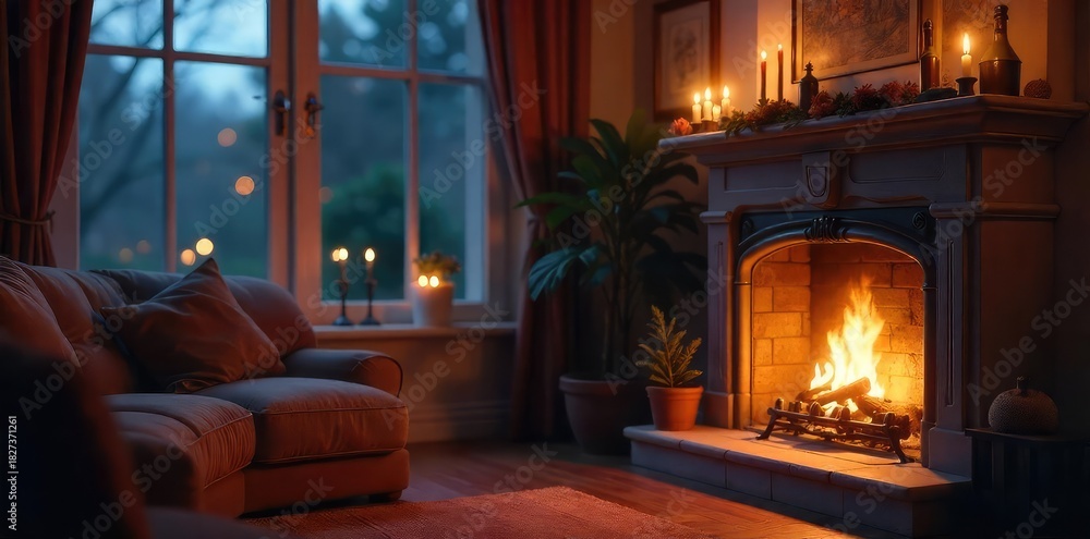 Fototapeta premium A cozy living room scene at dusk, featuring a fireplace, soft lighting, and a calendar prominently displayed on a mantelpiece, highlighting the evening's date , reminder, rug, night