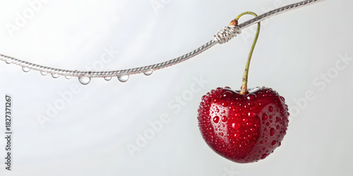 水滴がついたサクランボがワイヤーからぶら下がっている様子を捉えたクローズアップ写真.