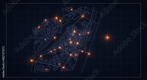City map with glowing hotspots representing areas of interest or potential problems