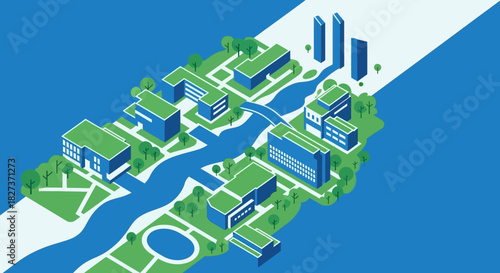 Isometric View of a Modern University Campus with River and Green Spaces.