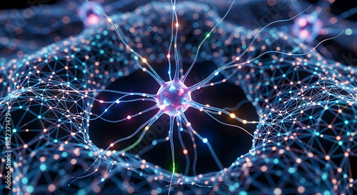 Conceptual neuron cell network with glowing connections in a neural system
