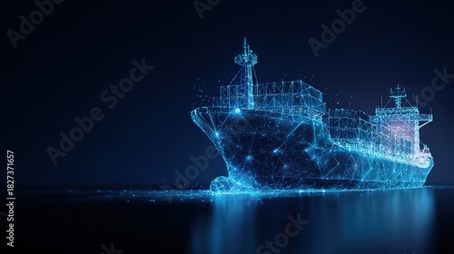 A high-tech digital rendering of a cargo ship glows with intricate detail. ..Created with Generative AI, not depicting real subjects.