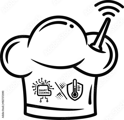 Smart chefs hat with technology icons, wifi, and thermometer, for modern kitchen automation and iot