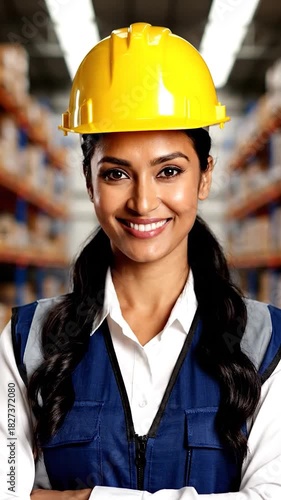 Smiling woman in yellow hard hat and blue vest in a busy warehouse setting