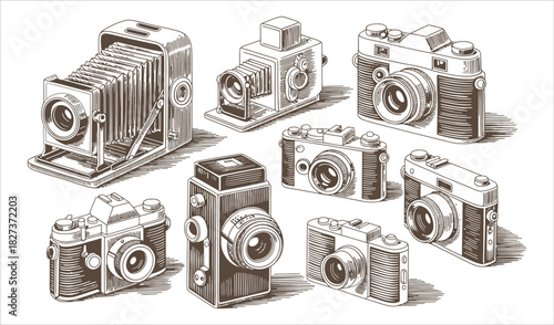 Seamless Pattern of Vintage and Retro Cameras - Photography Background Design