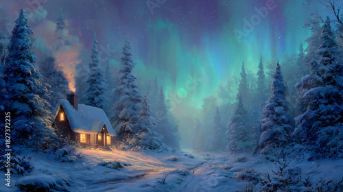 Dreamy Fantasy Digital Painting of a Snowy Forest Cabin under Northern Lights
