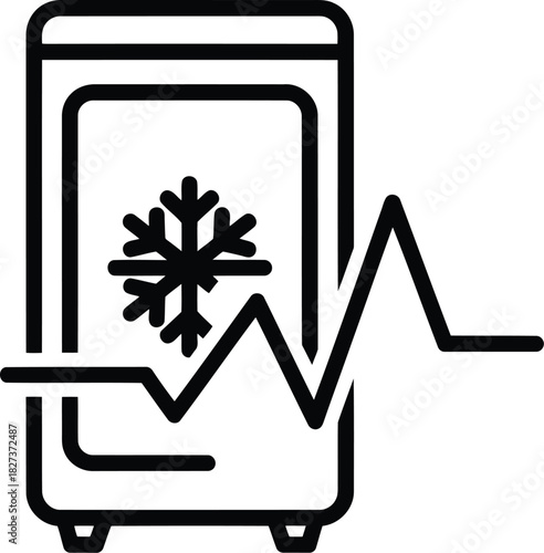 Line icon of a refrigerator or freezer with a snowflake and a fluctuating graph, symbolizing temperature monitoring, cooling system performance, and appliance status