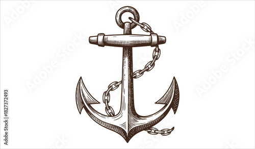 Vintage Ship Anchor with Heavy Chain - Detailed Maritime Illustration