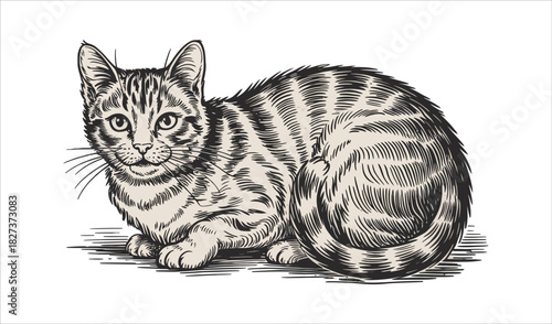 Vintage Lying Tabby Cat Detailed Engraving Illustration