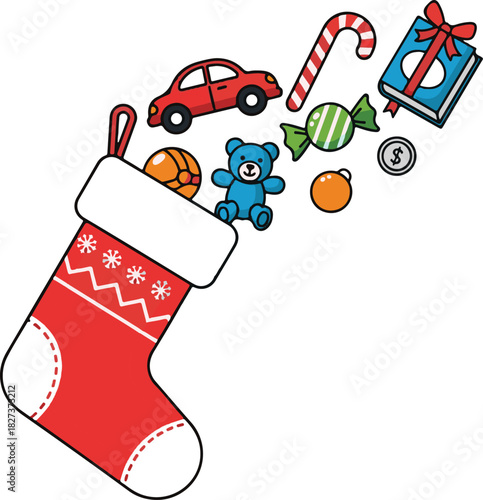 A Christmas stocking overflowing with festive holiday treats and toys, creating a magical scene