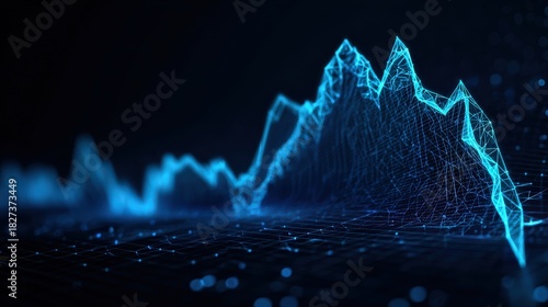 Abstract graph that represent the dynamic of data, with digital connection. Glowing digital wave on dark background. ..Created with Generative AI, not depicting real subjects.
