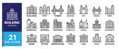Building line icons set architecture and urban structure linear symbols collection