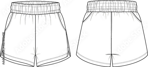 Technical Fashion Sketch of Athletic Running Shorts: Flat Drawing Template for Apparel Design, Elastic Waistband, Side Slits, Pockets, and Drawstring Details on White Background.
