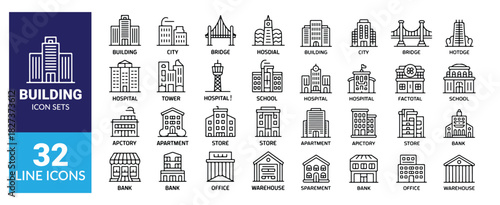 Building line icons set architecture and urban structure linear symbols collection