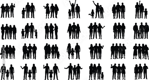 Collection of Diverse Family and Group Silhouettes: Black Vector Cutouts of People, Parents, and Children Standing, Walking, and Waving on a Clear White Background.