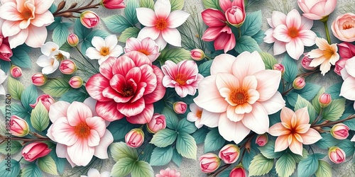 Intricate watercolor floral pattern, soft pastel hues, blooming flowers, lush greenery,  wedding,  artistic