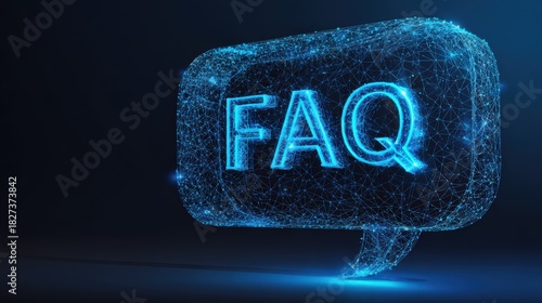 A luminous FAQ in a digital speech bubble, representing clear information, communication, and technological advancement on a dark background. ..Created with Generative AI, not depicting real subjects.
