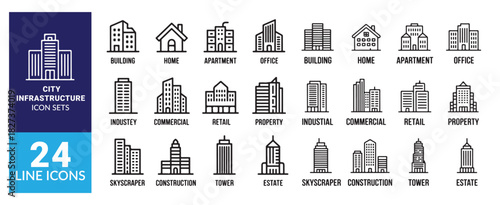City infrastructure icon sets, modern urban buildings, commercial, industrial, residential properties