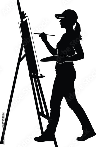 Silhouette of a young woman artist painting on an easel outdoors, holding a palette and brush, symbolizing creativity, hobby, artistry, leisure, and female talent in a simple black and white ve