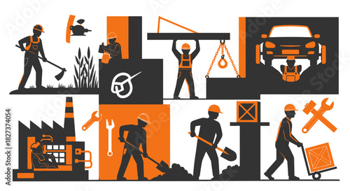 Construction Industry Workers Performing Various Tasks and Factory Production.