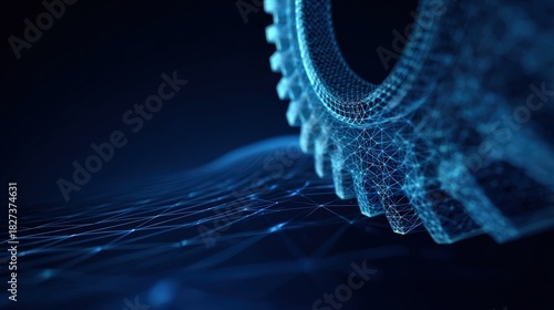An abstract, futuristic gear, illuminated with glowing digital lines against a deep, dark backdrop. ..Created with Generative AI, not depicting real subjects.