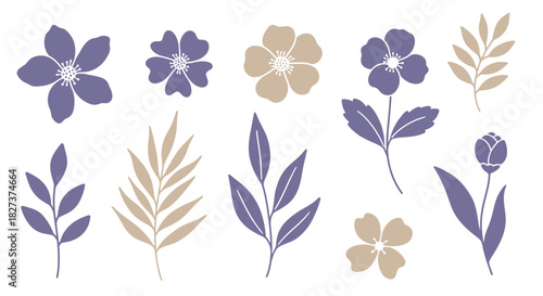 Set of Hand Drawn Purple and Beige Botanical Elements.