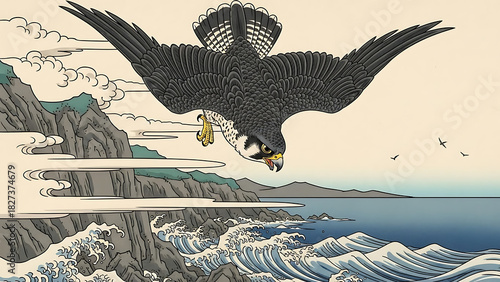 Fototapeta Naklejka Na Ścianę i Meble -  Japanese ukiyoe style falcon diving over stormy sea and mountain