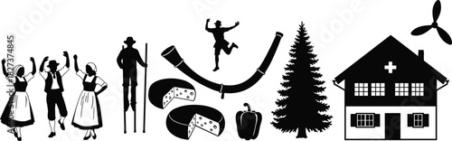 Swiss and Alpine Culture Vector Silhouette Set: Featuring Traditional Dancers, Cheese, Alphorn, Mountain Chalet House, and Pine Tree Icons