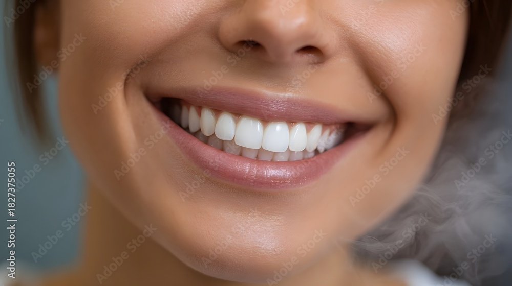 Obraz premium Close up of a woman s healthy bright white smile with delicate mist swirling around her lips