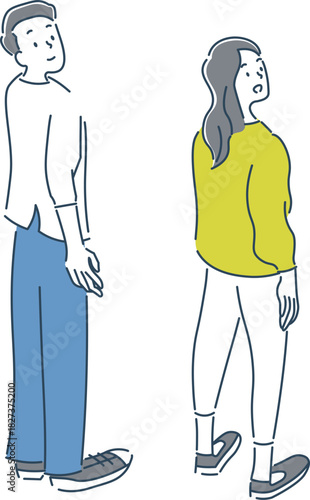 笑顔で上を見上げている女性と男性の全身のイラスト素材