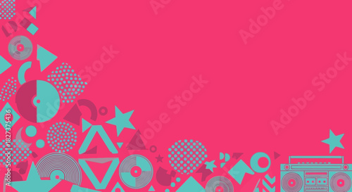 Retro Geometric Pattern on Pink Background with Boombox.
