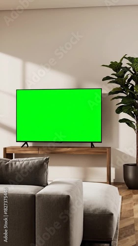 Green screen TV on wooden console in modern living room with sofa, plant, and shadows