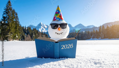 Cheerful snowman wearing sunglasses and colorful party hat reads book titled 2026 in snowy landscape with mountains and trees under clear blue sky
