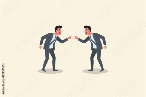 Two men are engaged in a heated argument, angrily pointing at each other as their conflict escalates and communication breaks down. Vector illustration.