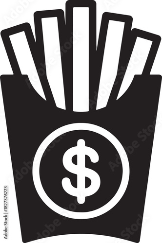 Black and white icon representing french fries with a dollar sign symbol inside a circle