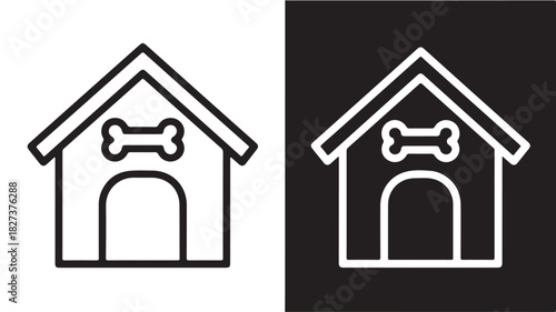 Dog house line icon with bone vector illustration in black and white simple outline design for pet care apps and websites
