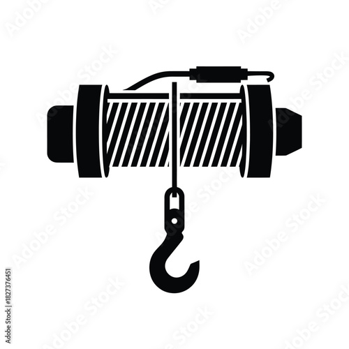 Black silhouette of a heavy duty electric winch with hook
