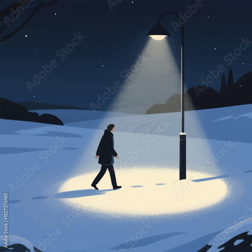Man Walking Under Snow Night Lights Illustrator Artwork Banner Background Design Template 