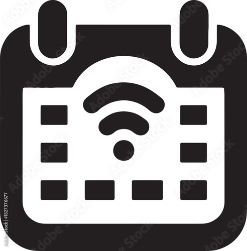 Black and white icon of a calendar with a wifi signal symbol inside for scheduling