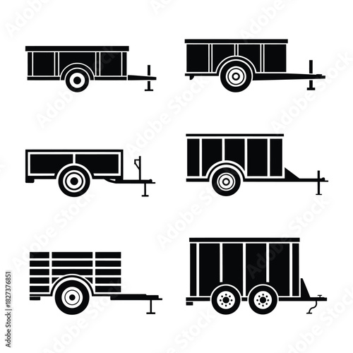 Collection of black silhouette trailers for transport and utility