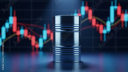 Oil barrel with financial candlestick chart background